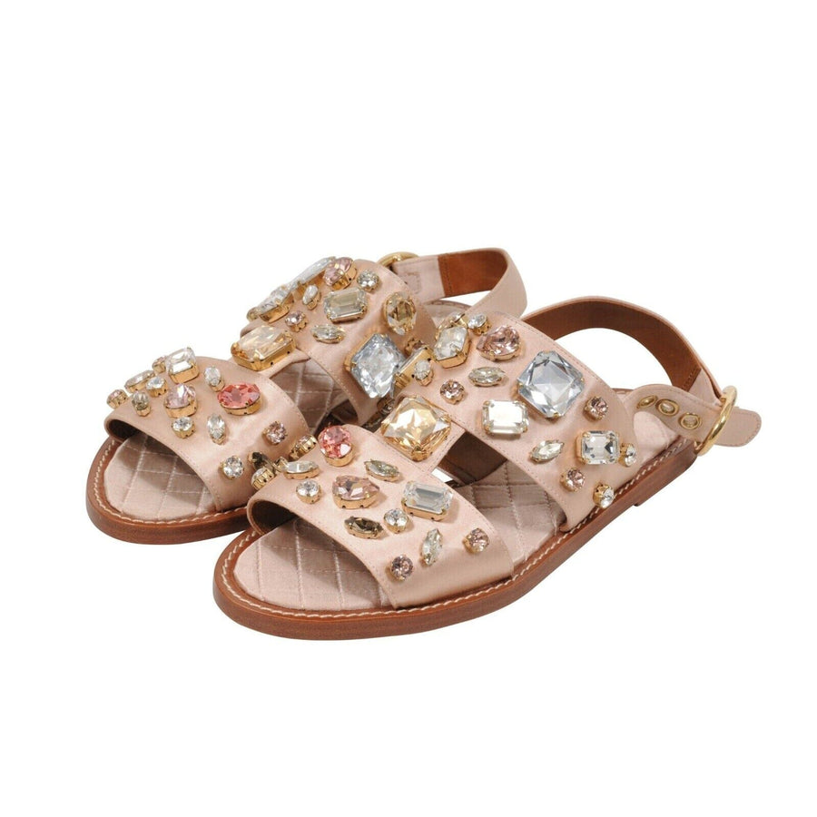 Tan Satin Crystal Bejeweled Mule Flats Sandals Dolce & Gabbana 