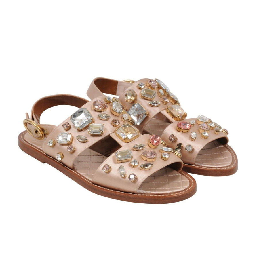 Tan Satin Crystal Bejeweled Mule Flats Sandals Dolce & Gabbana 