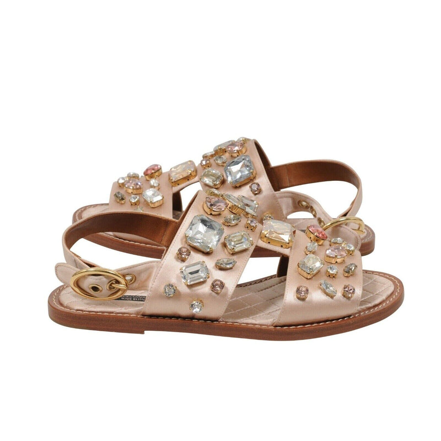 Tan Satin Crystal Bejeweled Mule Flats Sandals Dolce & Gabbana 