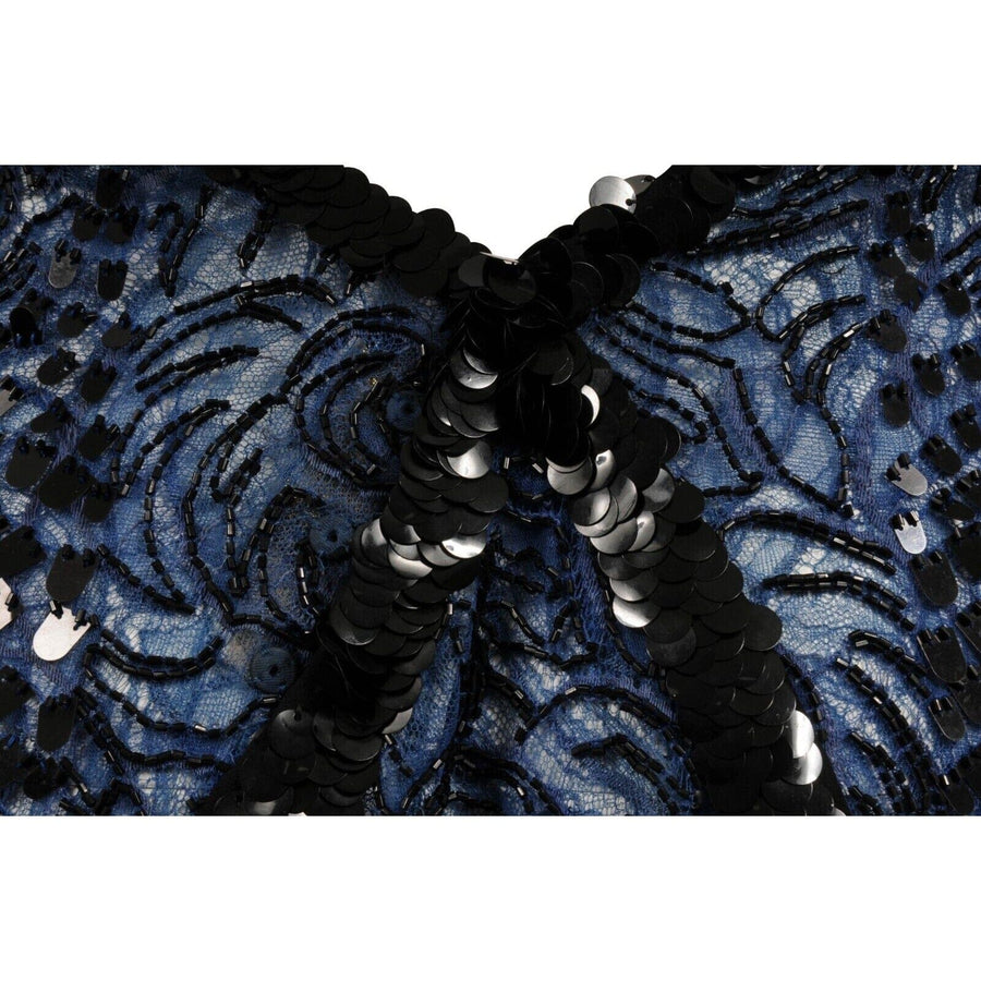 Vintage 2002 Runway Blue Black Sequin Lace Backless Dress Versace 
