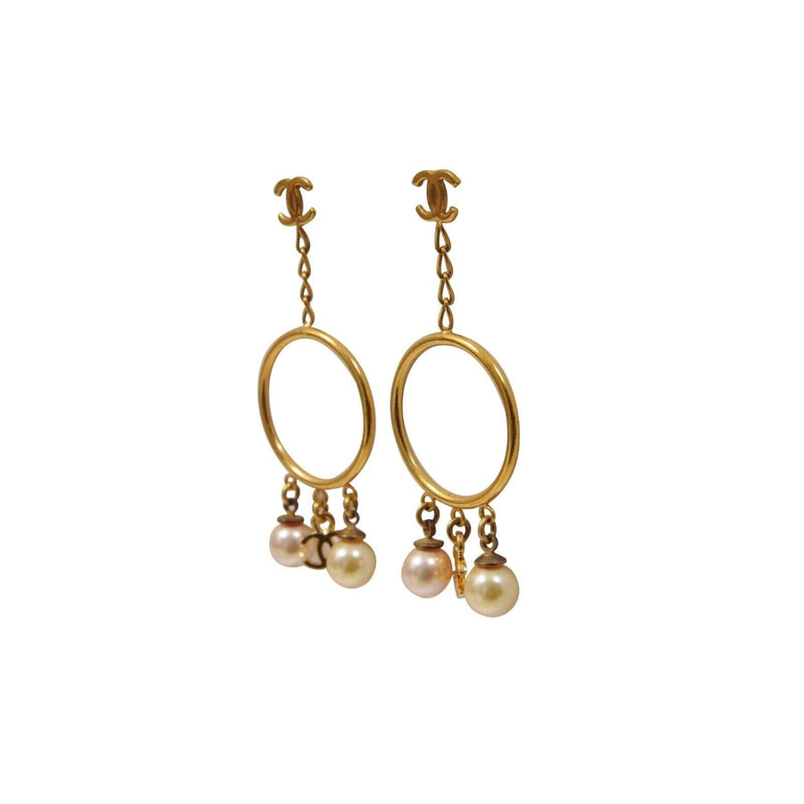 Vintage CC Logo Gold Pink White Pearl Hoop Drop Dangle Earrings CHANEL 