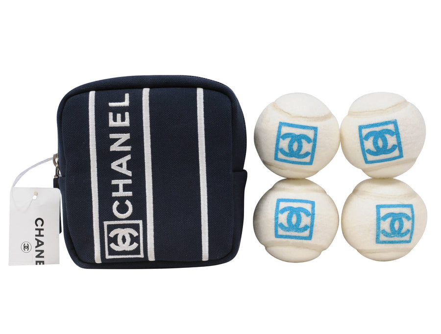 Vintage Chanel Sport Tennis Ball Set of Four Blue White With CC Logo Pouch CHANEL 