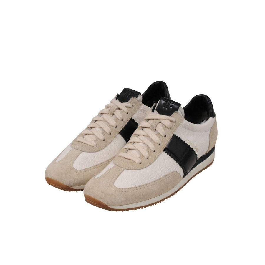 White Black Tan Canvas Leather Trainers Low Top Sneakers Tom Ford 