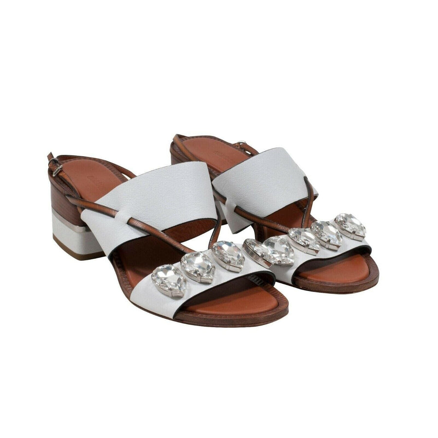 White Brown Leather Crystal Embellished Open Toe Sandals Roberto Cavalli 