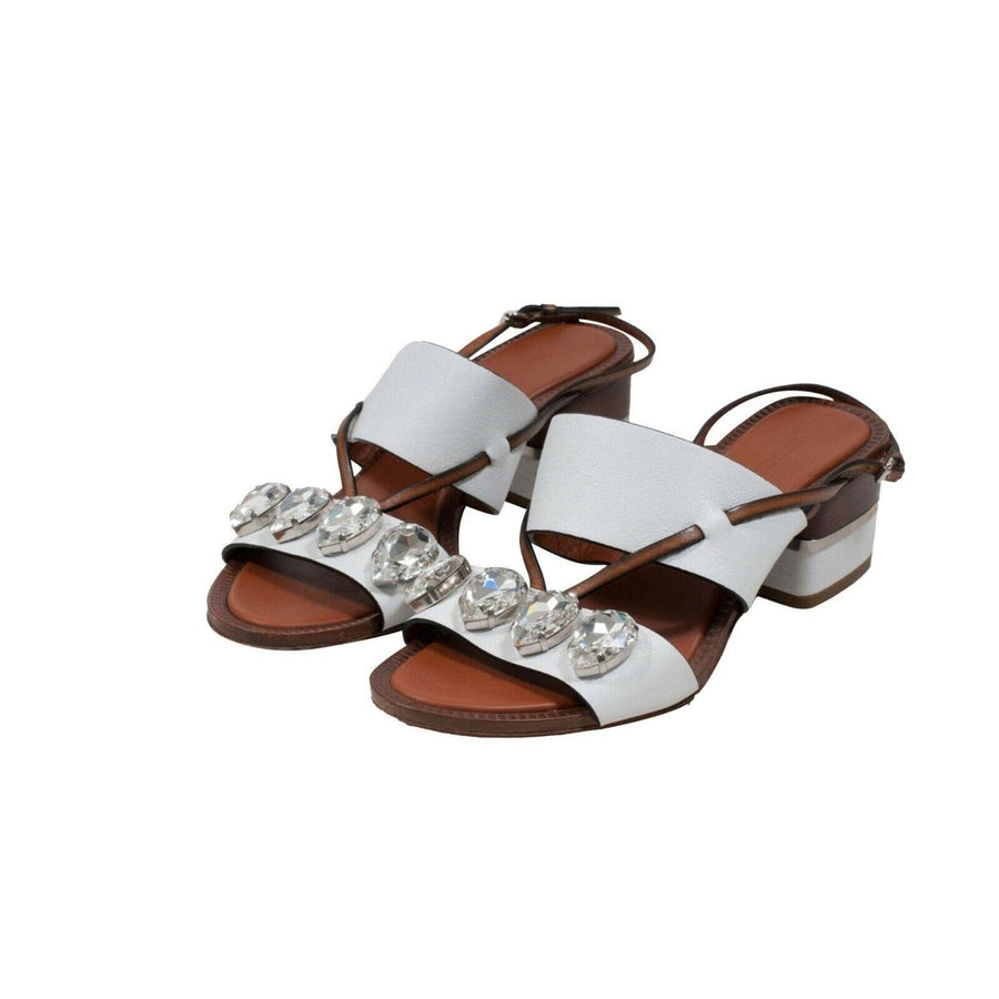 White Brown Leather Crystal Embellished Open Toe Sandals Roberto Cavalli 