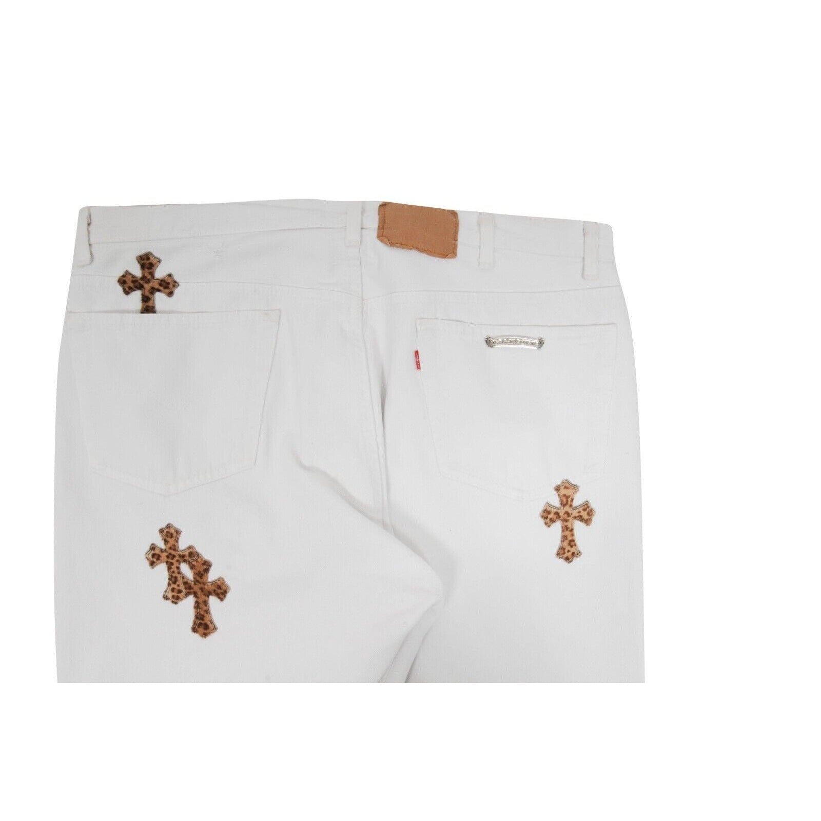 Chrome Hearts Mens Jeans White Cheetah Leopard Pony Hair Cross