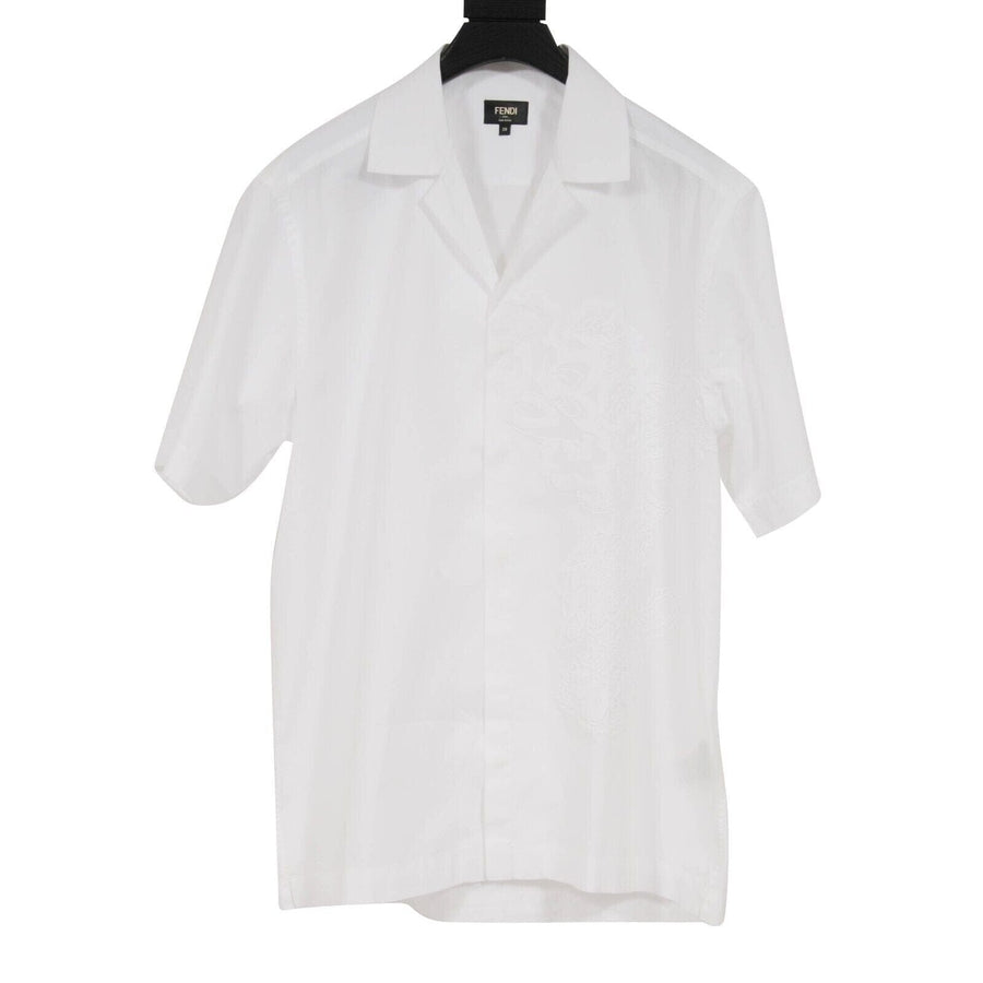 White Embroiderd Floral Camp Collar Button Down Bowling Shirt Fendi 