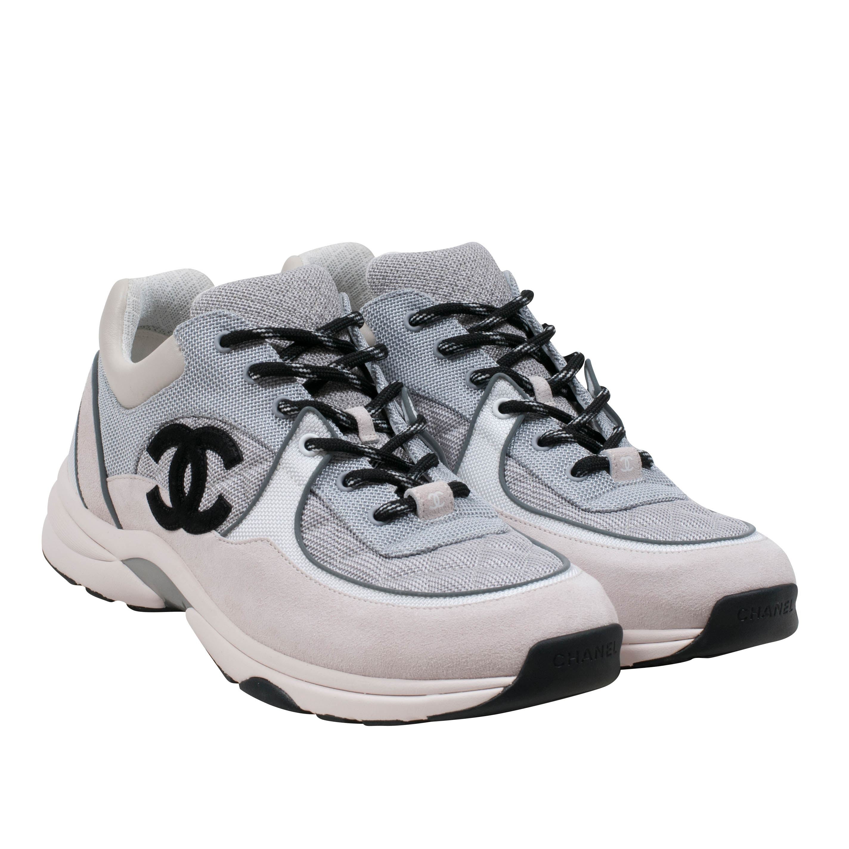 Chanel 22S Mens Silver Grey Black White CC Logo Low Top Trainer Sneaker 43  10