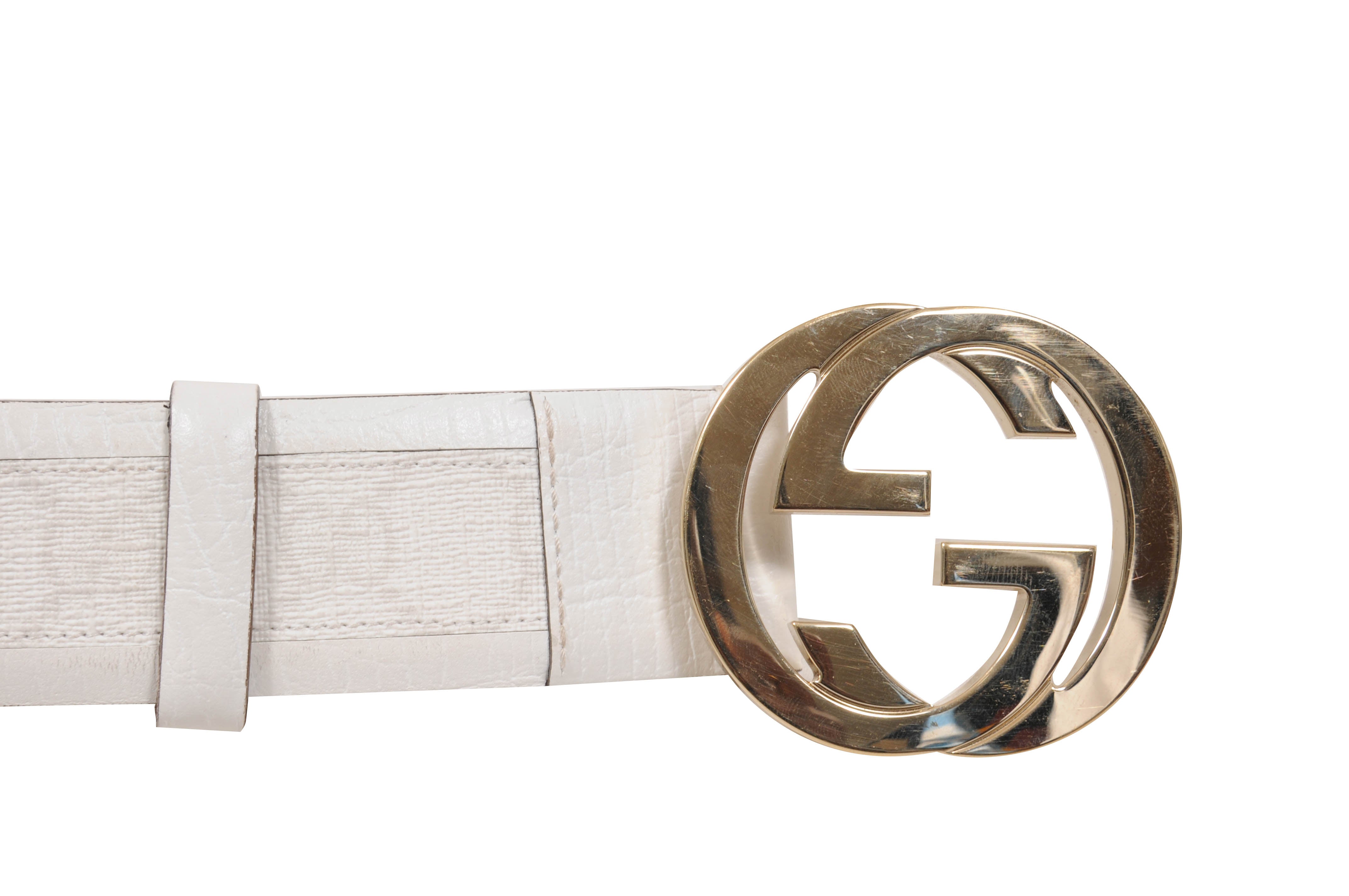 Gucci White Leather Interlocking G Belt Gucci White Calfskin Studded Interlocking G 30mm Belt  main image 4