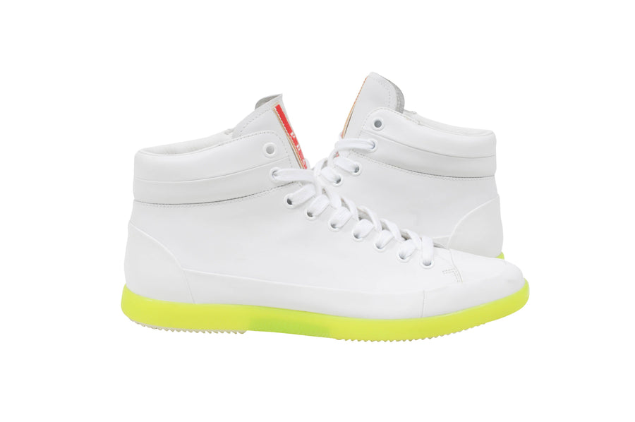 White Leather Neon Green Sole High Top Sneakers Prada 