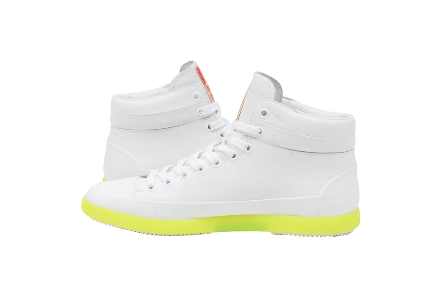 White Leather Neon Green Sole High Top Sneakers Prada 
