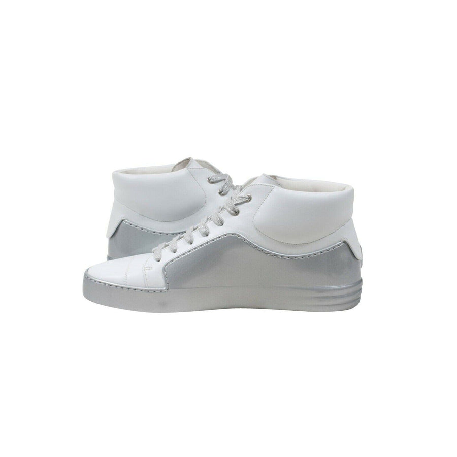 White Leather Silver Glitter High Tops CC Logo Sneakers CHANEL 
