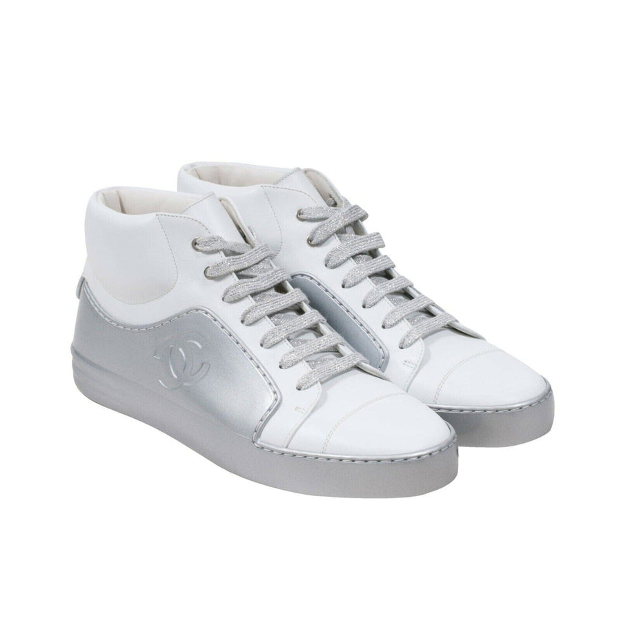 White Leather Silver Glitter High Tops CC Logo Sneakers CHANEL 