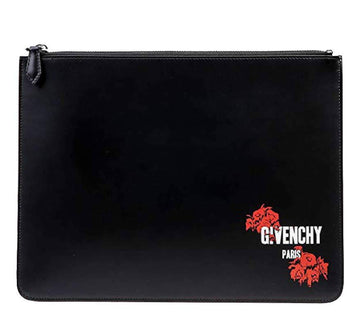 White Logo Black Leather Red Rose Zipper Top Clutch Pouch Bag GIVENCHY 