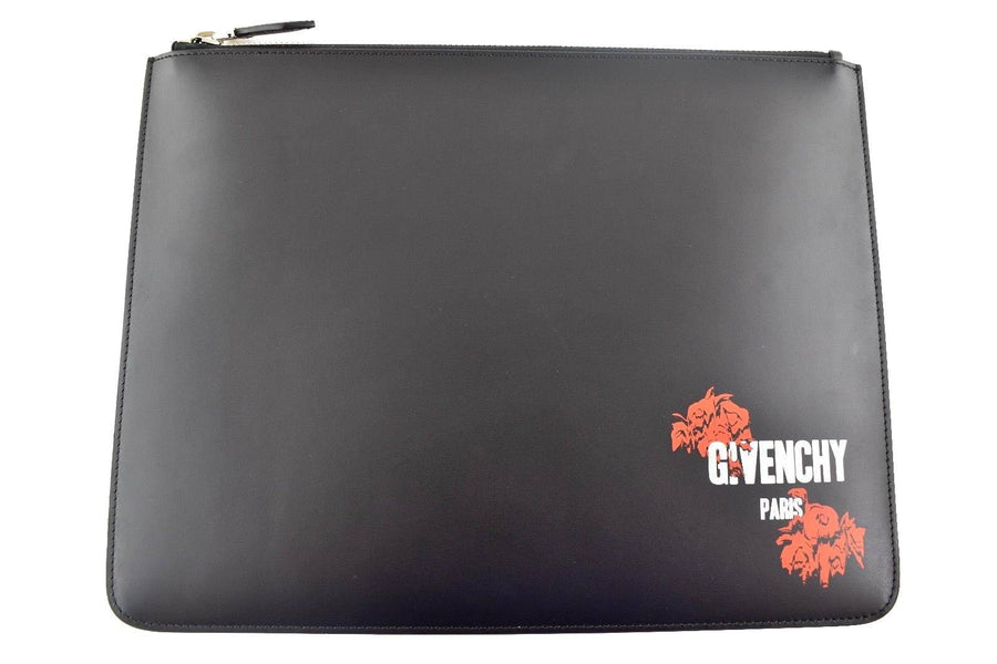 White Logo Black Leather Red Rose Zipper Top Clutch Pouch Bag GIVENCHY 
