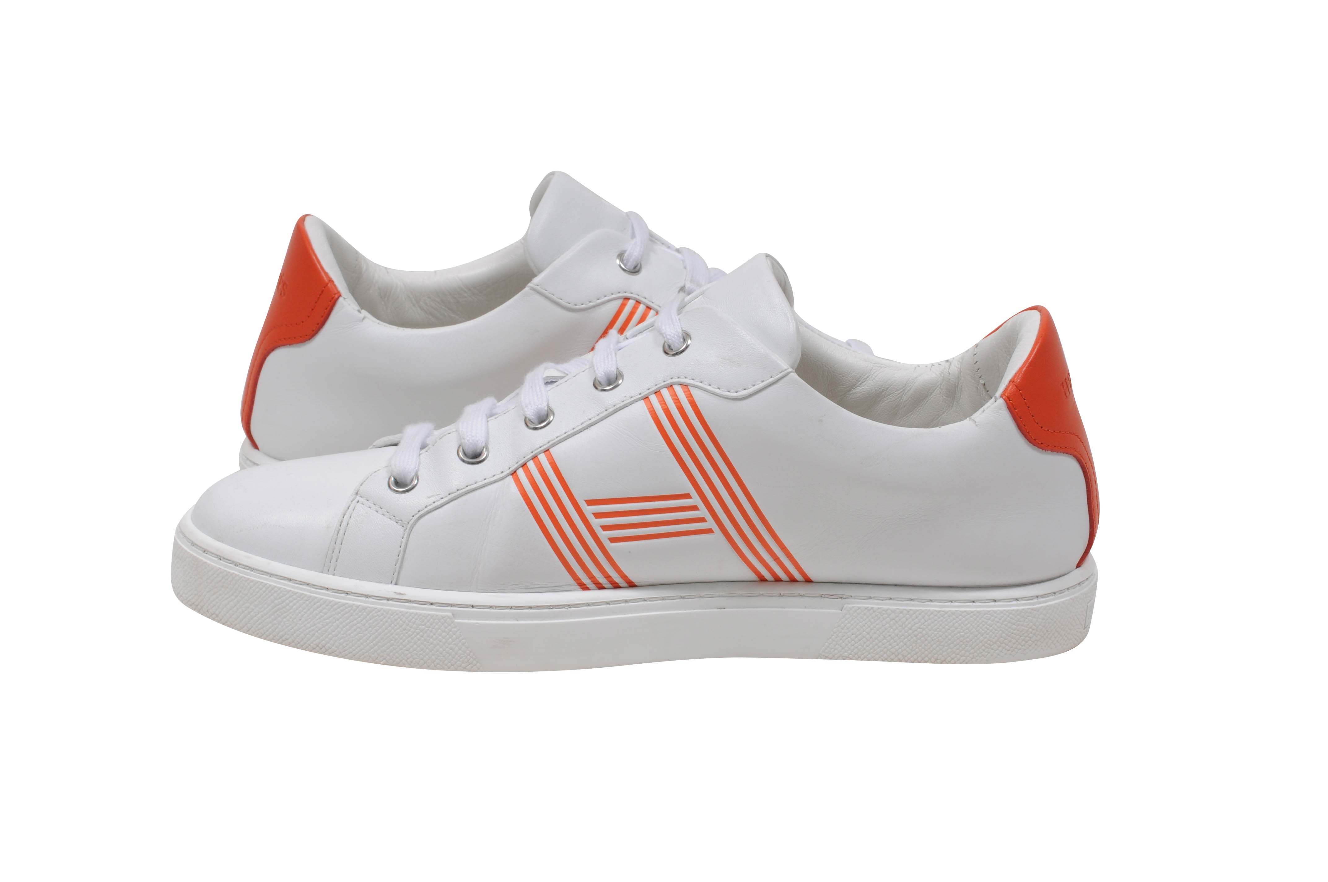 Hermes Men's White Orange Calfskin H Logo Avantage Sneaker Size