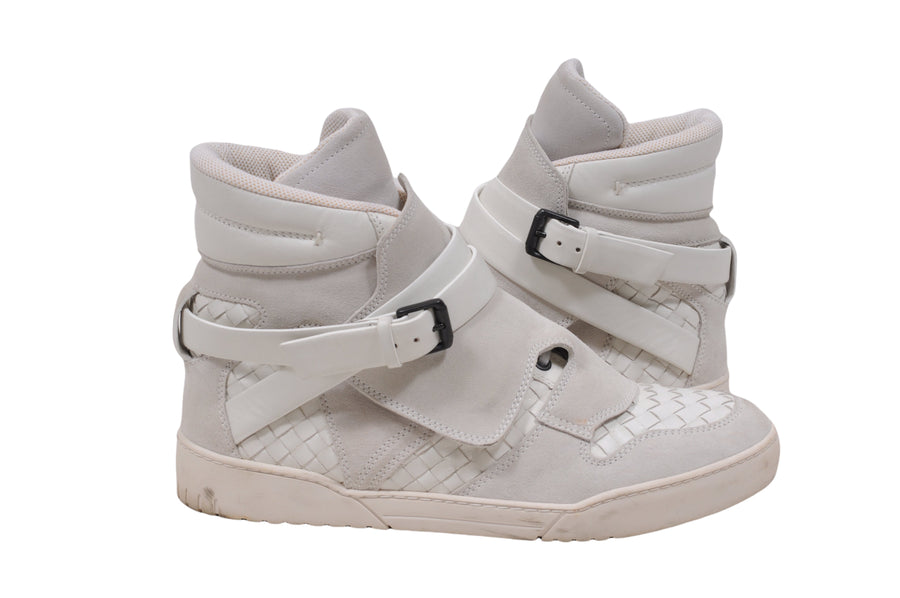 White Suede Leather Woven Multi Strap High Top Sneakers Bottega Veneta 