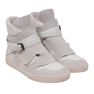 White Suede Leather Woven Multi Strap High Top Sneakers Bottega Veneta 