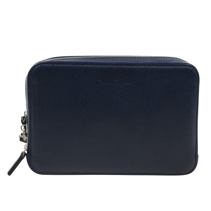 Wrist Clutch Bag Navy Blue Grained Leather Travel Pouch Salvatore Ferragamo 