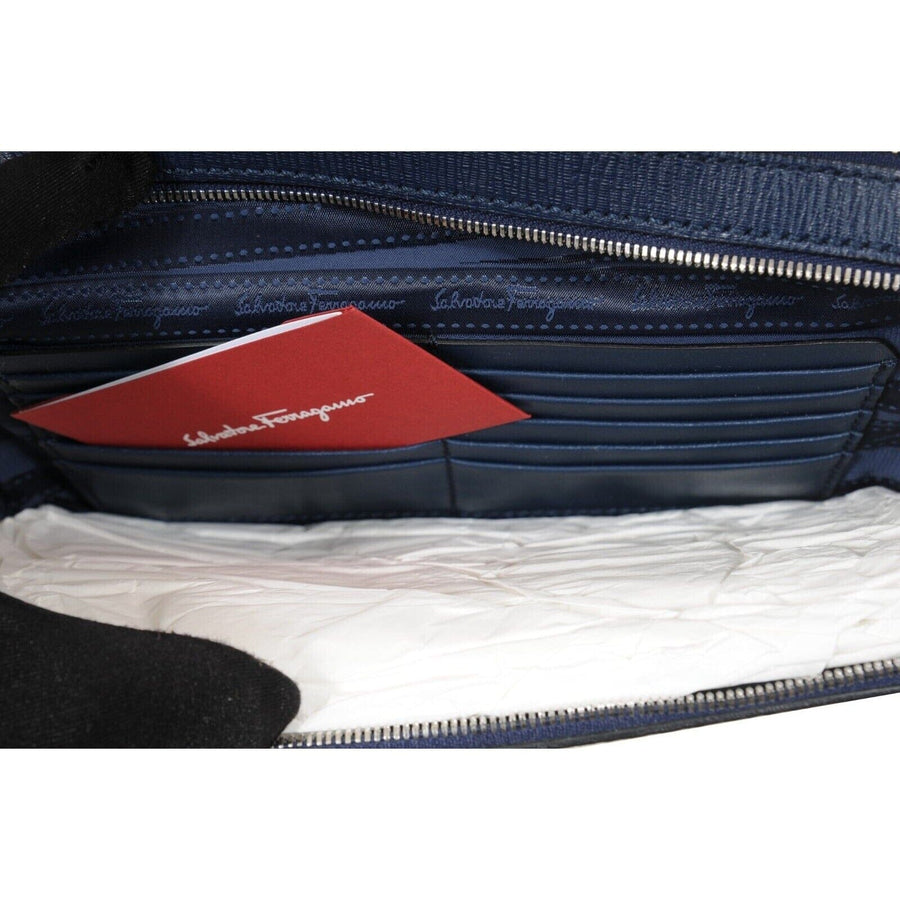 Wrist Clutch Navy Blue Grained Leather Travel Pouch Bag Salvatore Ferragamo 