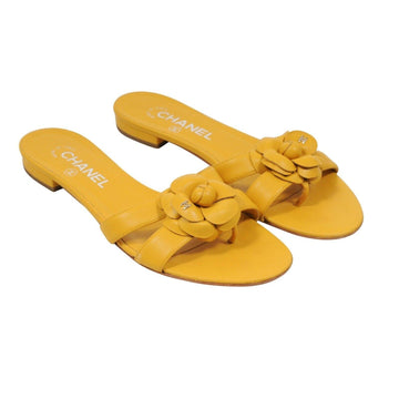 Yellow Leather CC Logo Camellia Flat Sandals CHANEL 