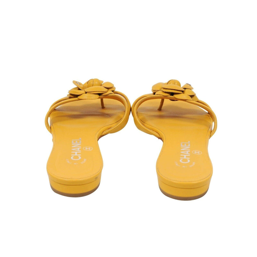 Chanel CC Logo Camellia Flat Sandals Yellow Leather IT 37.5 – THE