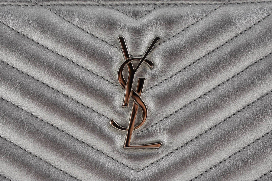 YSL Logo Monogram Chevron Silver Make Up Zip Clutch Pouch Bag SAINT LAURENT 