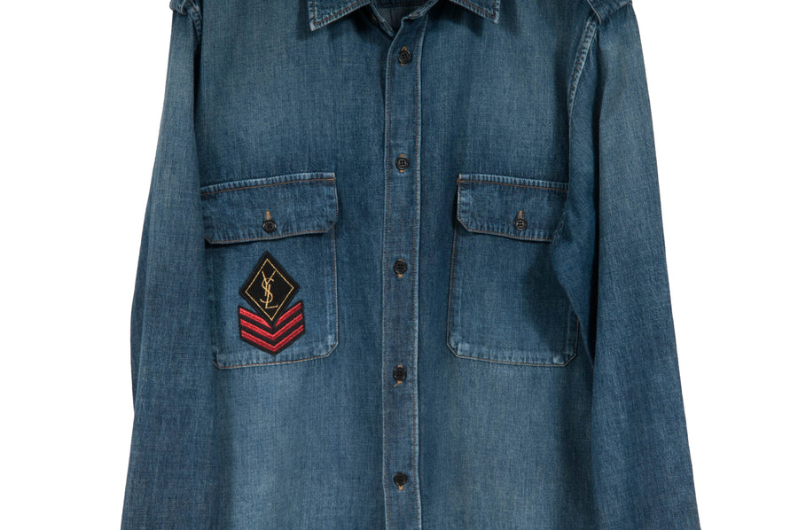 Ysl Military Patch Denim Shirt In Medium Vintage Blue Denim SAINT LAURENT 